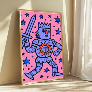 Lámina de arte pop "Rey Cósmico con Espada" / Arte mural de guerrero retro / Decoración minimalista colorida / Descarga digital A3 A2 A1 imagen 4