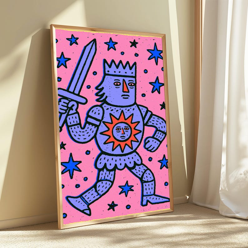 Lámina de arte pop "Rey Cósmico con Espada" / Arte mural de guerrero retro / Decoración minimalista colorida / Descarga digital A3 A2 A1 imagen 4