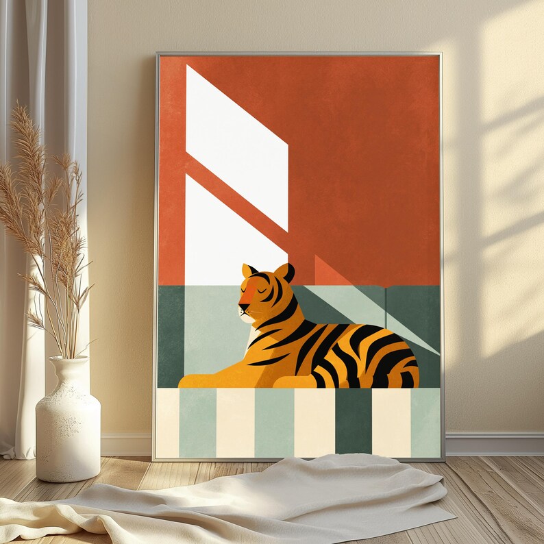Stampa artistica minimalista "Tigre a riposo" / Arte murale astratta geometrica / Decorazione per la casa in terracotta calda / Download digitale A3 A2 A1 immagine 5