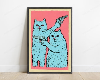 Bearmte Katzen Pop Art Print | Retro Neon Pistolen Wandkunst | Schrullig buntes Wohnkultur | Digitaler Download A3-A2-A1