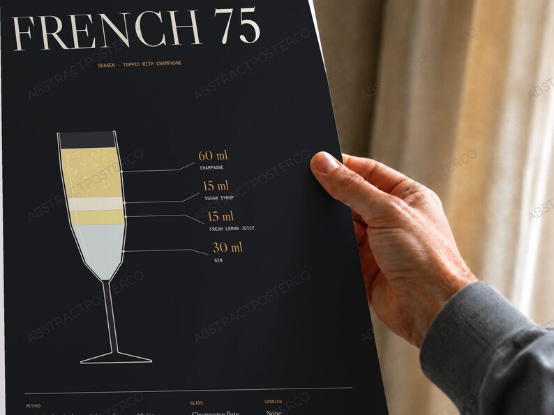 French 75 Cocktail Recipe Print, close-up of the print