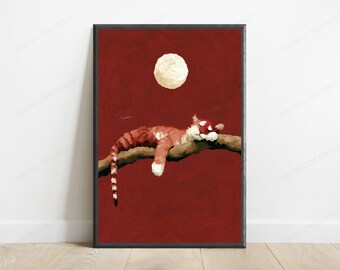 Red Panda on Branch Moonlit Night | Minimalist Wildlife Art Print | Nature Wall Decor | Digital Download A3 A2 A1