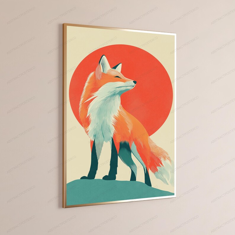 May include: A framed wall art print featuring a stylised orange and white fox standing on a teal hill against a large, solid red circular background. The fox is depicted in profile, facing right, with detailed line work in its fur and dark legs.