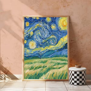 May include: A rectangular framed print featuring a swirling night sky with bright yellow stars and a crescent moon above a landscape of rolling green hills and a single tree, rendered in thick, textured brushstrokes of blue, yellow, and green.