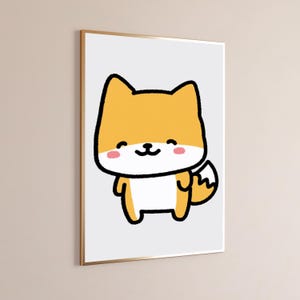 May include: A framed wall art print featuring a cartoon illustration of a yellow and white fox with a thick black outline. The fox has a smiling expression, small pink cheeks, and a bushy tail, set against a plain white background within a thin frame.