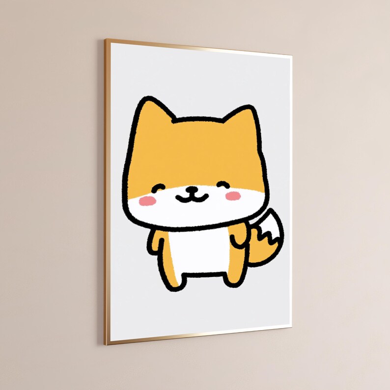 May include: A framed wall art print featuring a cartoon illustration of a yellow and white fox with a thick black outline. The fox has a smiling expression, small pink cheeks, and a bushy tail, set against a plain white background within a thin frame.