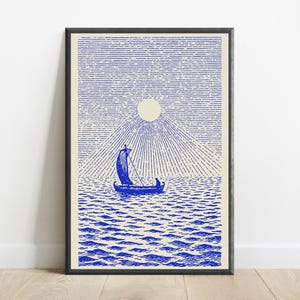 May include: A framed art print featuring a blue ink illustration on a cream background. The image depicts a small sailboat with a single figure on a textured sea under a large sun with radiating lines and a sky filled with horizontal lines.