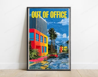 Out of Office Retro Travel Poster | Colourful Architecture Pop Art | Minimalist Wall Art | Digital Download A3 A2 A1