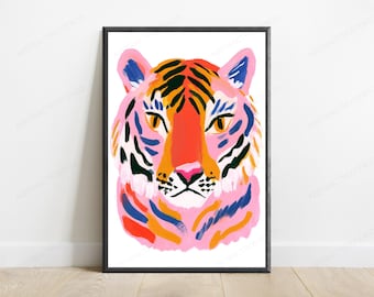 Colourful Tiger Pop Art Print | Pink & Orange Big Cat Wall Art | Vibrant Animal Home Decor | Digital Download A3 A2 A1