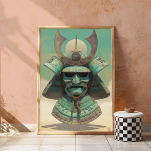 May include: A framed wall art print featuring a weathered teal samurai helmet with a prominent crescent-shaped crest and a matching neck guard. The helmet displays a metallic patina and is centered against a pale yellow background with a sun.