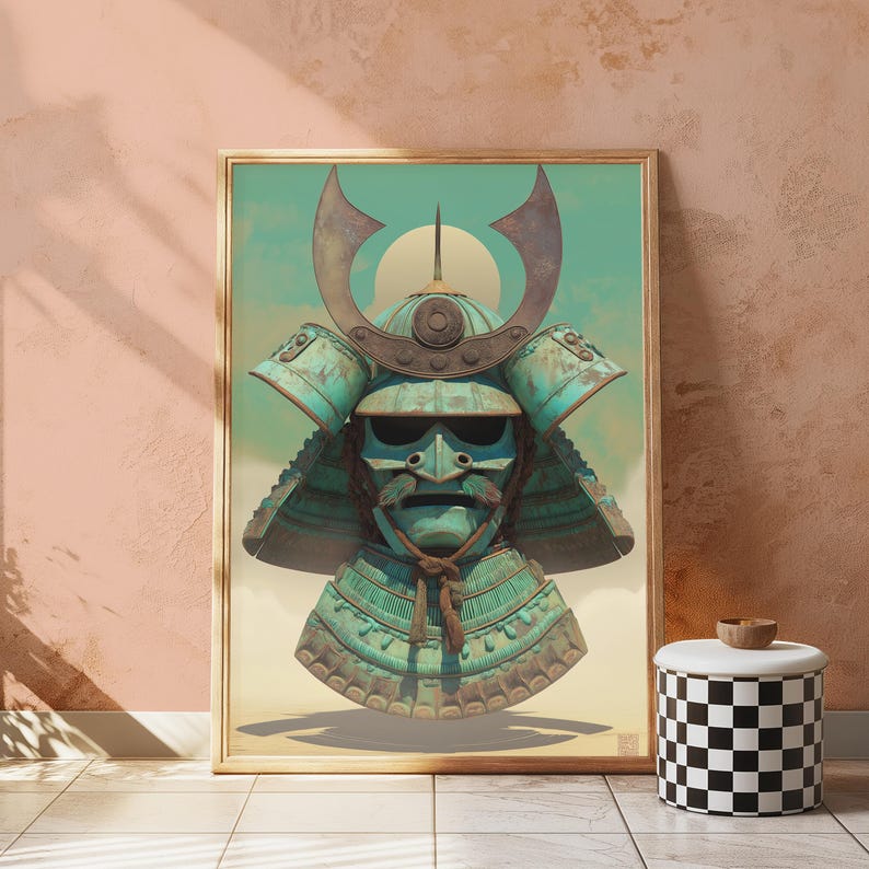 May include: A framed wall art print featuring a weathered teal samurai helmet with a prominent crescent-shaped crest and a matching neck guard. The helmet displays a metallic patina and is centered against a pale yellow background with a sun.