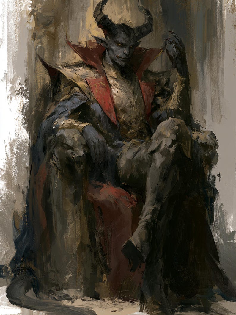 May include: A digital painting of a dark-skinned, horned humanoid figure with pointed ears sitting on a throne. The figure wears a high-collared red and gold garment with dark blue accents. The throne features carved animal heads on the armrests.