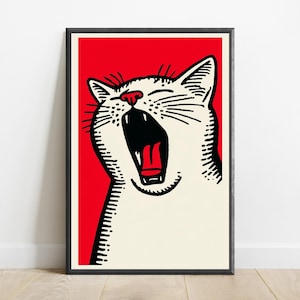 Roaring Cat Pop Art Print | Bold Red Minimalist Wall Art | Modern Animal Portrait | Digital Download A3 A2 A1 image 1
