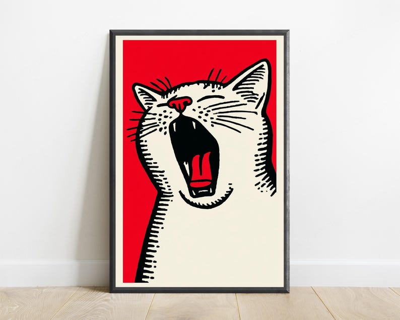 Roaring Cat Pop Art Print | Bold Red Minimalist Wall Art | Modern Animal Portrait | Digital Download A3 A2 A1 image 1