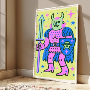 Colorful Demon Warrior Pop Art Print | Quirky Horned Character | Vibrant Wall Art | Digital Download A3 A2 A1 image 4