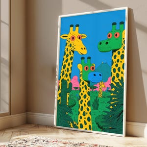 Lámina de arte pop con jirafa de safari / Arte mural de animales coloridos / Decoración minimalista divertida / Descarga digital A3 A2 A1 imagen 5