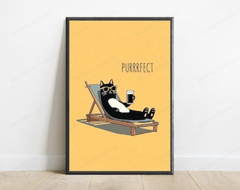Cool Black Cat Sunglasses Deckchair Print | Funny Relaxing Cat Wall Art | Minimalist Summer Decor | Digital Download A3 A2 A1