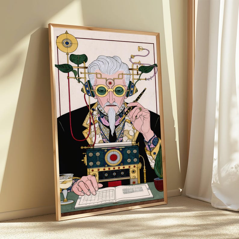May include: A framed art print featuring a stylized illustration of a person with white hair, wearing round green glasses and headphones connected to a complex mechanical device. The person holds a pen over an open book with grid lines.