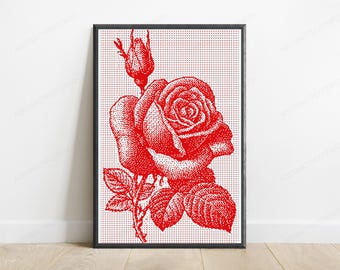 Red Rose Pixel Art Print | Halftone Floral Wall Art | Minimalist Botanical Home Decor | Digital Download A3 A2 A1