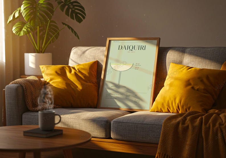 Daiquiri Cocktail Recipe Print in Sage shown in a living room