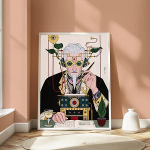 May include: A framed art print depicting a person with white hair and a goatee wearing goggles and headphones connected to a mechanical device. The person holds a pen over an open book, with a glass of liquid and a small potted plant on the table.