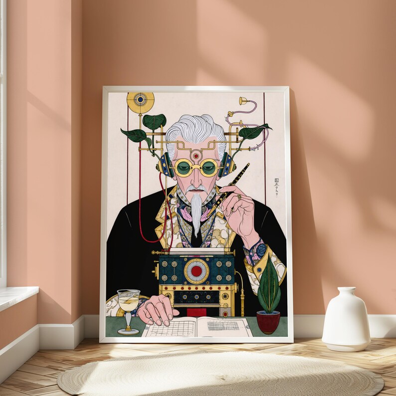 May include: A framed art print depicting a person with white hair and a goatee wearing goggles and headphones connected to a mechanical device. The person holds a pen over an open book, with a glass of liquid and a small potted plant on the table.