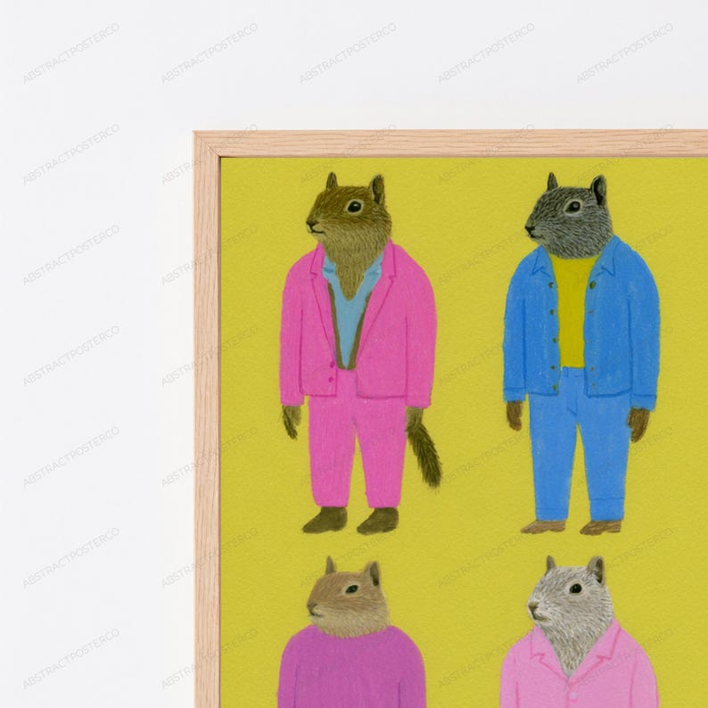 May include: A framed wall art print featuring four anthropomorphic squirrels on a mustard yellow background. The top left squirrel wears a pink suit and blue shirt, the top right wears a blue denim jacket and yellow shirt, and others wear pink.