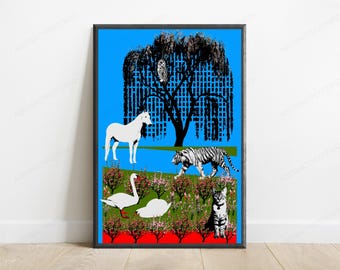 Arte de parede com animais mágicos de jardim | Impressão minimalista da natureza | Ilustração de vida selvagem para decoração de casa | Download digital A3 A2 A1