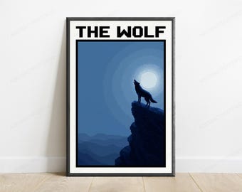 Wolf die bij Moon Cliff pixelart print | Minimalistische nachtelijke hemel muurkunst | Woondecoratie dieren in het wild | Digitale download A3 A2 A1