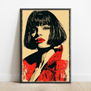 Frauenportrait Pop Art Print | Rote Lippen Schwarzes Haar | Minimalistische Wandkunst | Digitaler Download A3-A2-A1 Bild 1