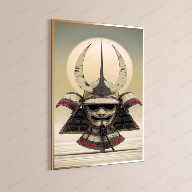 May include: A framed wall art print featuring a weathered, off-white samurai helmet with a prominent crescent-shaped crest and a fierce facial mask. The helmet displays dark, distressed detailing and red accents, set against a pale, circular background.