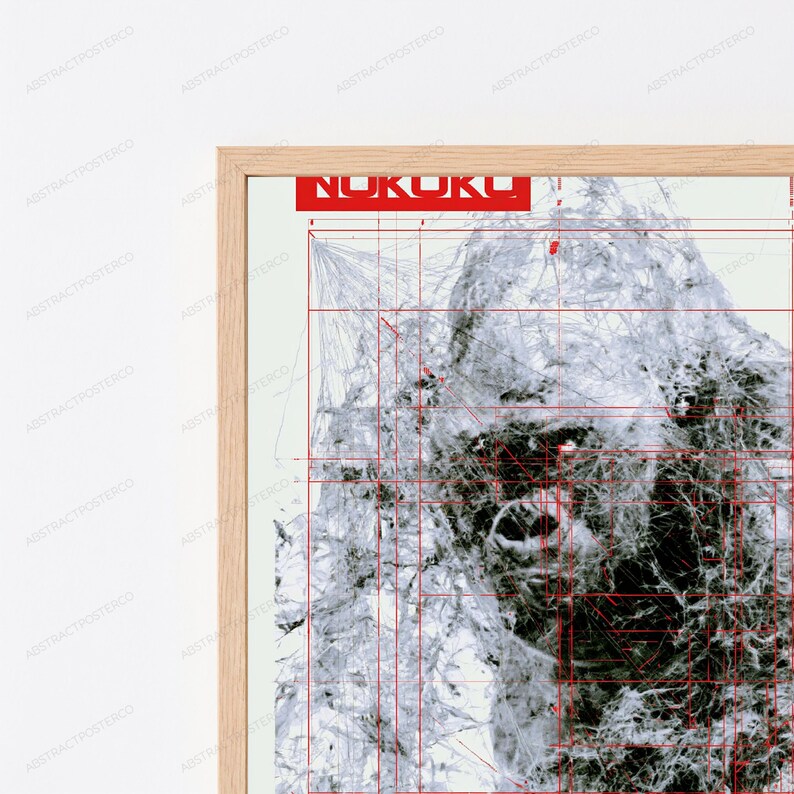 May include: A framed wall art print featuring a black and white abstract gorilla portrait overlaid with thin red geometric grid lines and technical drafting marks. The top of the print displays the bold white text NUKOKU on a solid red rectangular background.