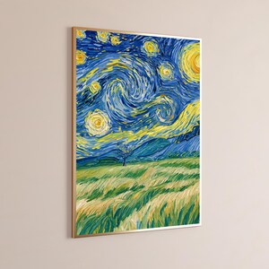 May include: A rectangular wall art print featuring a stylized landscape painting with a vibrant blue swirling night sky, bright yellow stars, a crescent moon, rolling blue hills, and a textured green and gold field with a single dark tree.