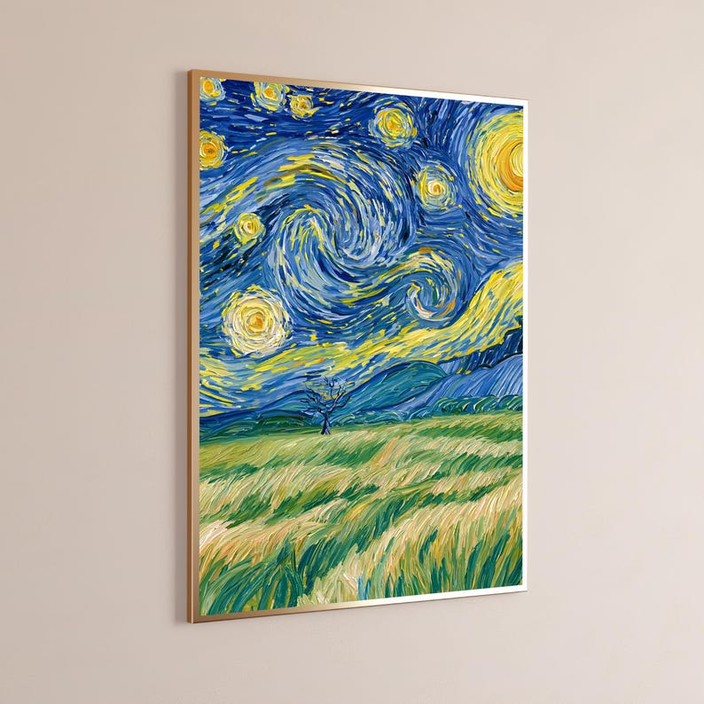 May include: A rectangular wall art print featuring a stylized landscape painting with a vibrant blue swirling night sky, bright yellow stars, a crescent moon, rolling blue hills, and a textured green and gold field with a single dark tree.