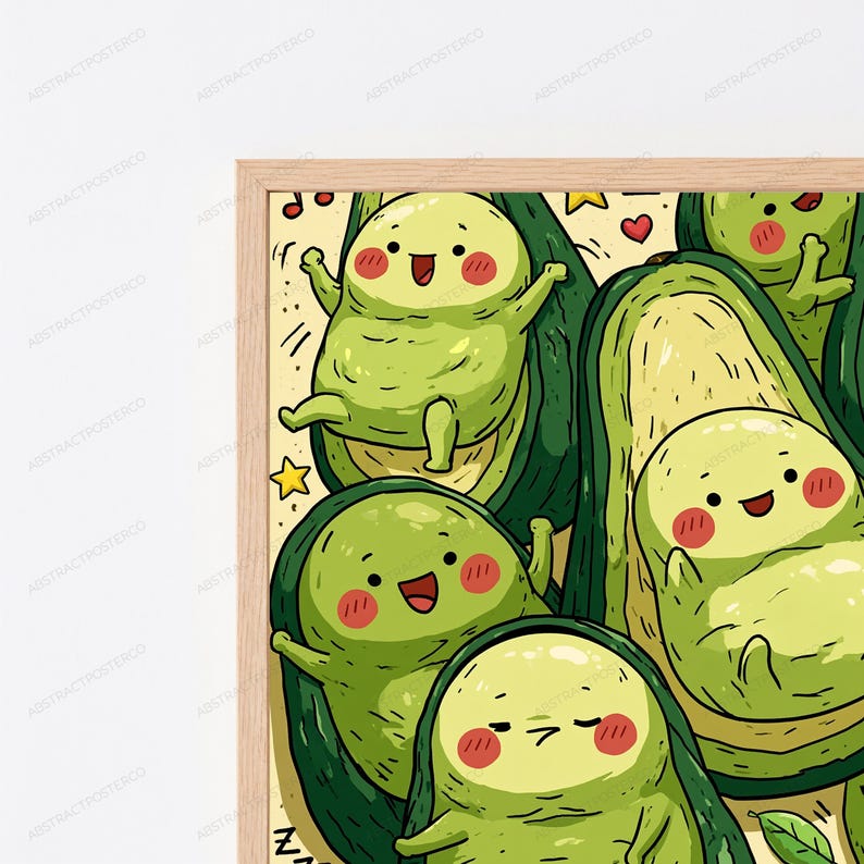 Puede incluir: Una impresi&oacute;n de arte mural enmarcada con un fondo amarillo claro y varios aguacates de dibujos animados. Cada aguacate tiene una cara sonriente, mejillas sonrosadas y se muestra en diversas actividades, como dormir y saludar, con peque&ntilde;as estrellas y corazones.