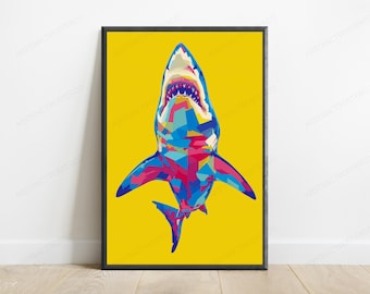 Vibrant Geometric Shark Print | Pop Art, Anime Style Wall Art (Digital Download)