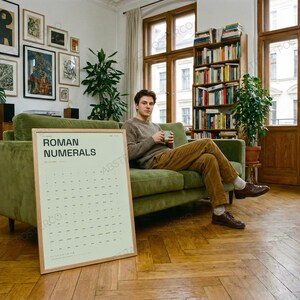 Learn Roman Numerals Chart Print in Sage shown in a living room