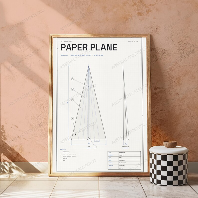 Paper Plane Blueprint Technical Print | Minimalist Origami Wall Art | Geometric Line Drawing image 5