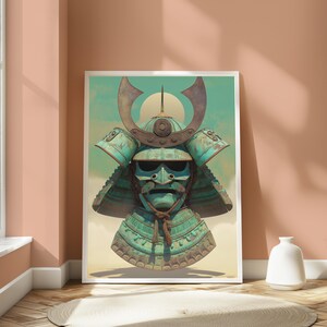 May include: A framed wall art print featuring a weathered teal samurai helmet with a prominent crescent-shaped crest and a matching neck guard. The helmet displays a textured, oxidized metal finish with a brown cord tied under the chin.