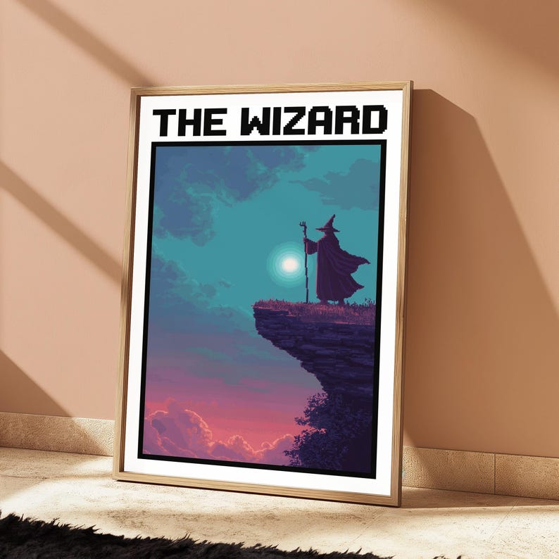 Wizard on Cliff Pixel Art Print | Dark Fantasy Landscape | Mystical Wall Art Decor | Digital Download A3 A2 A1 image 11