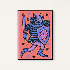 May include: A rectangular art print featuring a horned creature in black and purple armor, holding a sword and a shield with a skull emblem. The background is a vibrant coral pink filled with small black and blue stars and circular shapes.