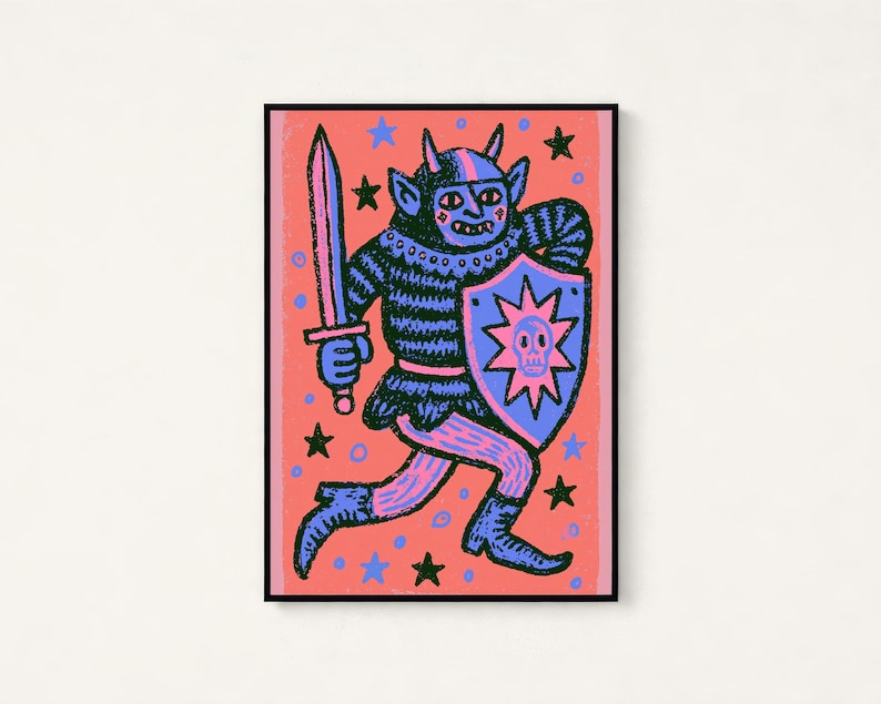 May include: A rectangular art print featuring a horned creature in black and purple armor, holding a sword and a shield with a skull emblem. The background is a vibrant coral pink filled with small black and blue stars and circular shapes.