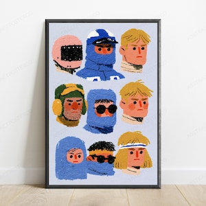 Retro Character Portraits Pop Art Print | Colorful Minimalist Faces | Vintage Wall Art | Digital Download A3 A2 A1 afbeelding 1