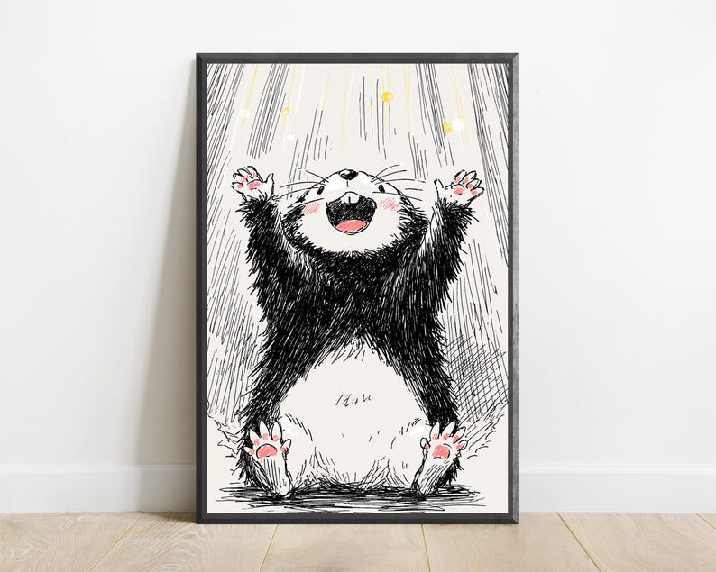 Happy Otter in Rain Minimalist Art Print | Cheerful Wildlife Wall Art | Cute Animal Home Decor | Digital Download A3 A2 A1 image 1