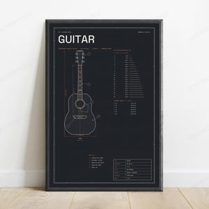Plano técnico de guitarra acústica Dreadnought / Arte mural de instrumentos musicales / Lámina de diseño industrial