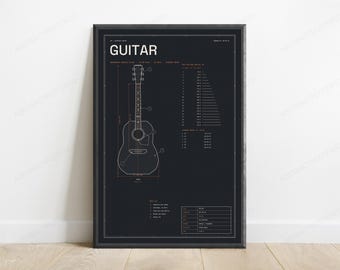 Dreadnought Acoustic Guitar Technical Blueprint | Music Instrument Wall Art | Industrial Design Print