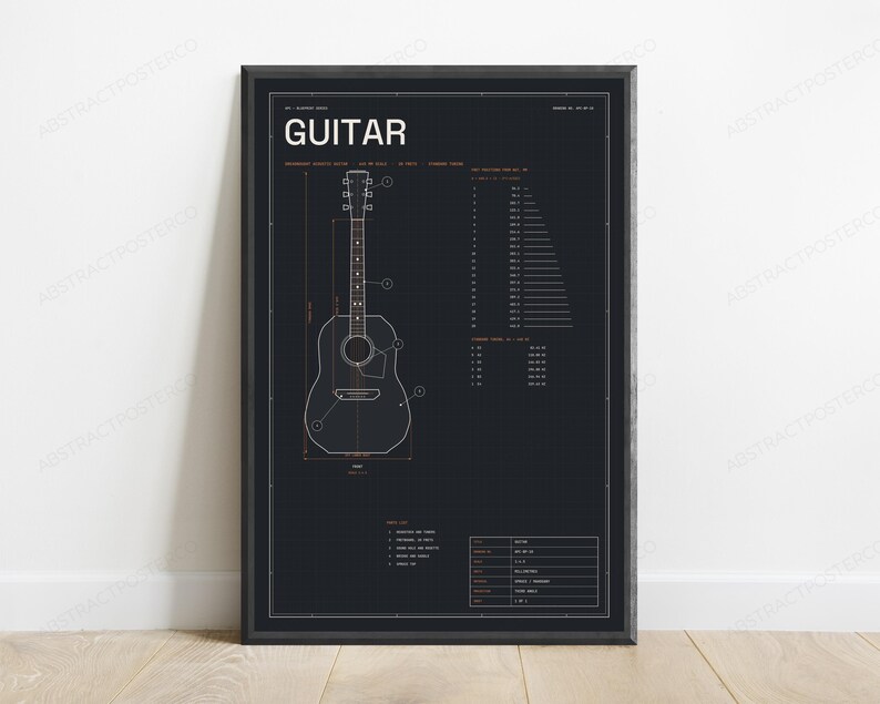 Projekt techniczny gitary akustycznej typu dreadnought | Grafika ścienna z instrumentem muzycznym | Wydruk z motywem przemysłowym zdjęcie 1