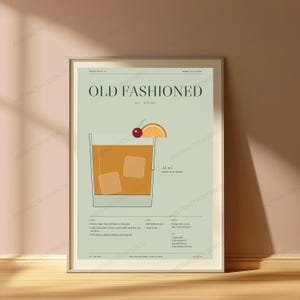 Old Fashioned Cocktail Recipe Print in Sage | Whiskey Drink Wall Art | Retro Bar Decor image 4