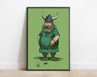 Viking Golfer Funny Art Print | Bearded Viking on the Golf Course | Humour Nordic Wall Art | Digital Download A3 A2 A1