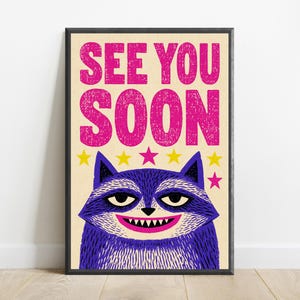 See You Soon Grinning Cat Pop Art Print | Playful Blue Cat Wall Art | Fun Minimalist Home Decor | Digital Download A3 A2 A1 image 1
